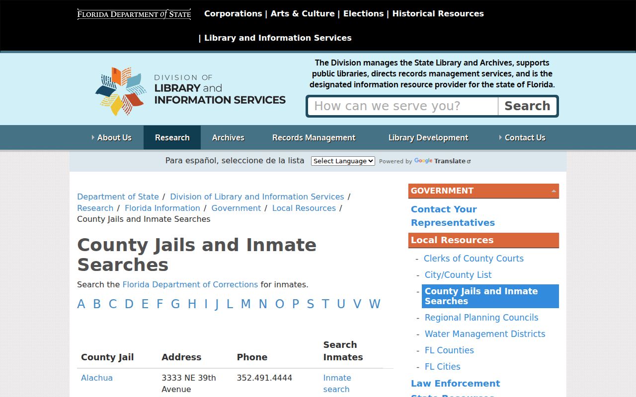Florida official county jail directory with Citrus County custody contacts