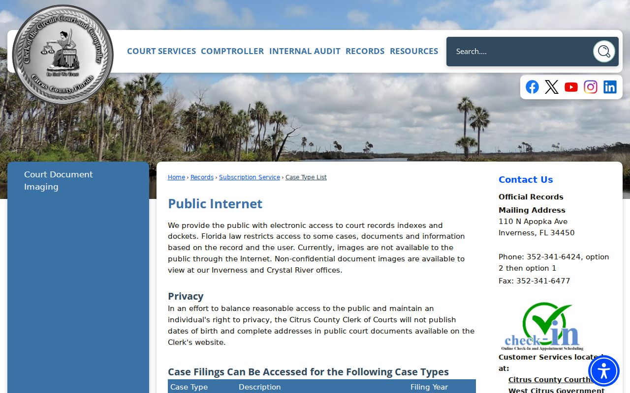 Citrus County Clerk SCORSS criminal case type coverage list