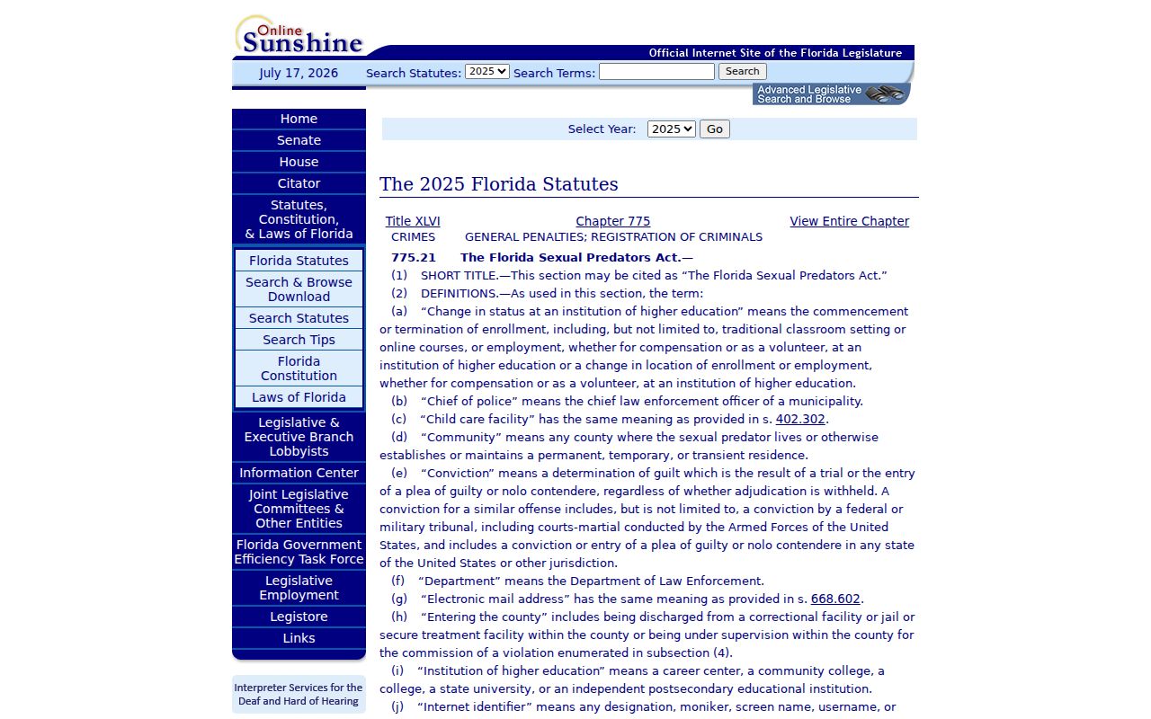 Florida Sexual Predators Act governing Citrus County registry profiles