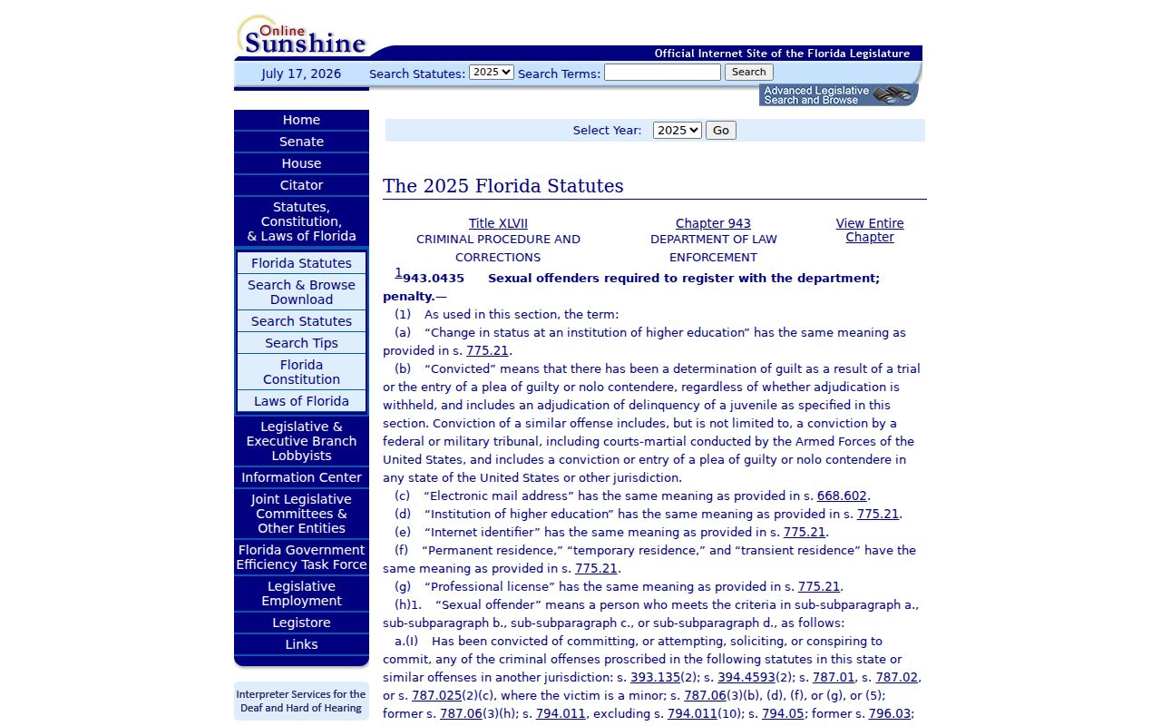 Florida registration statute for Citrus County sex offender records