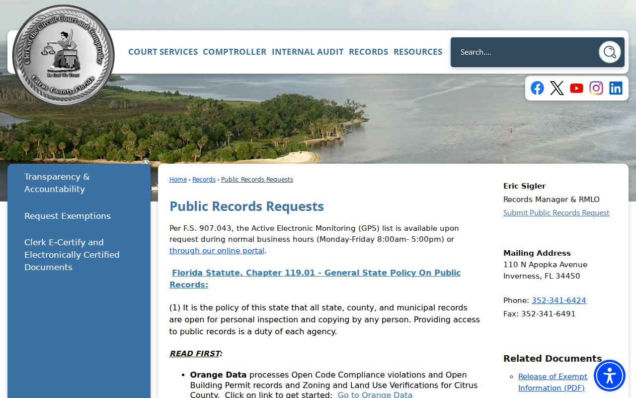 Citrus County criminal records request page at the Clerk