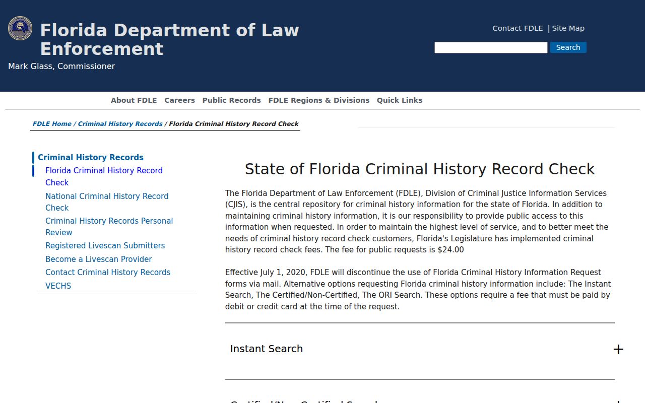 Citrus County criminal history options on the FDLE website