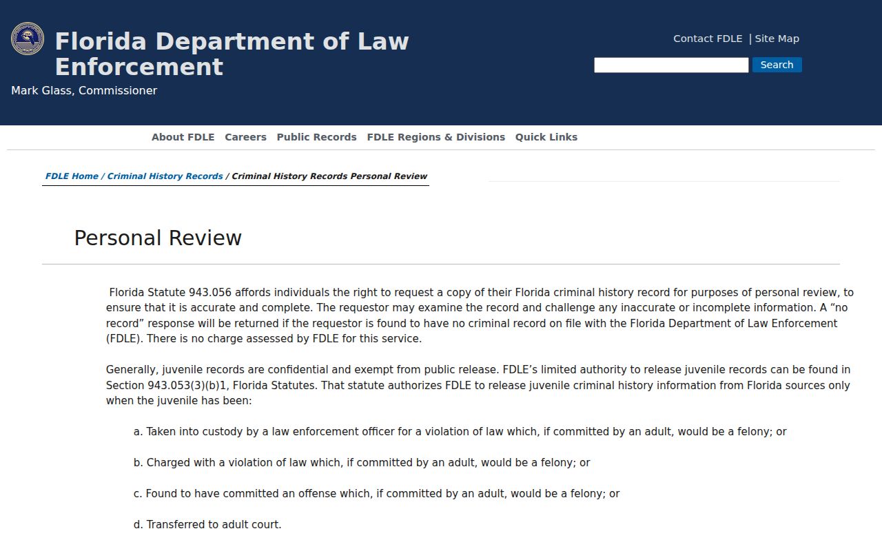 FDLE personal review for Citrus County criminal history correction